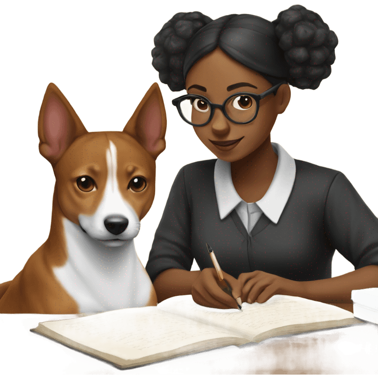 Basenji and black girl studying together emoji