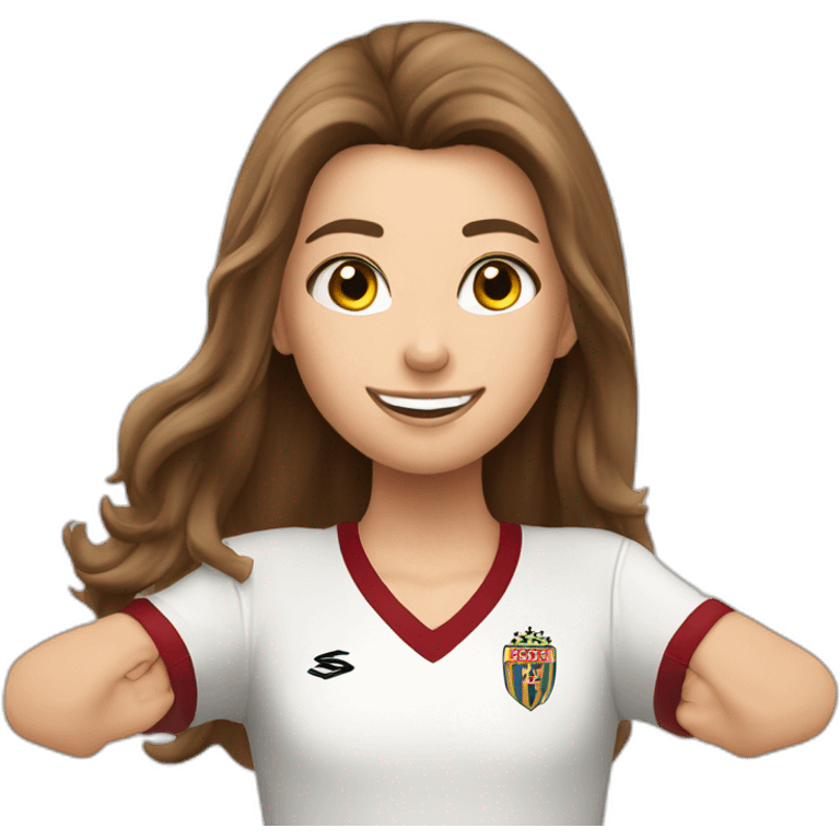 Caucasian girl with long Brown hair doing cr7 celebration as stores a gol emoji