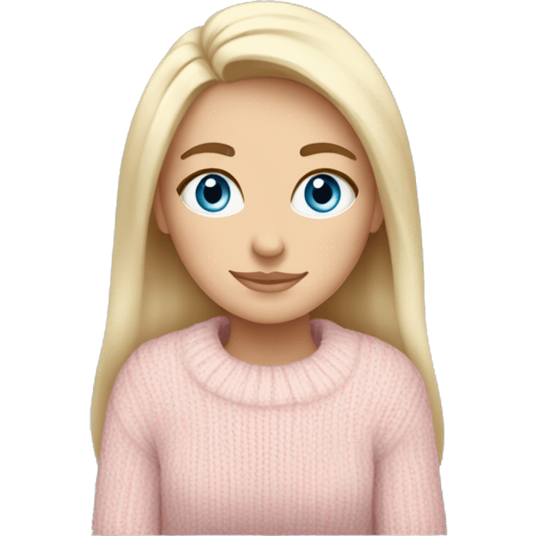 Pretty blue eyed white girl with light pink sweater reading cozy emoji