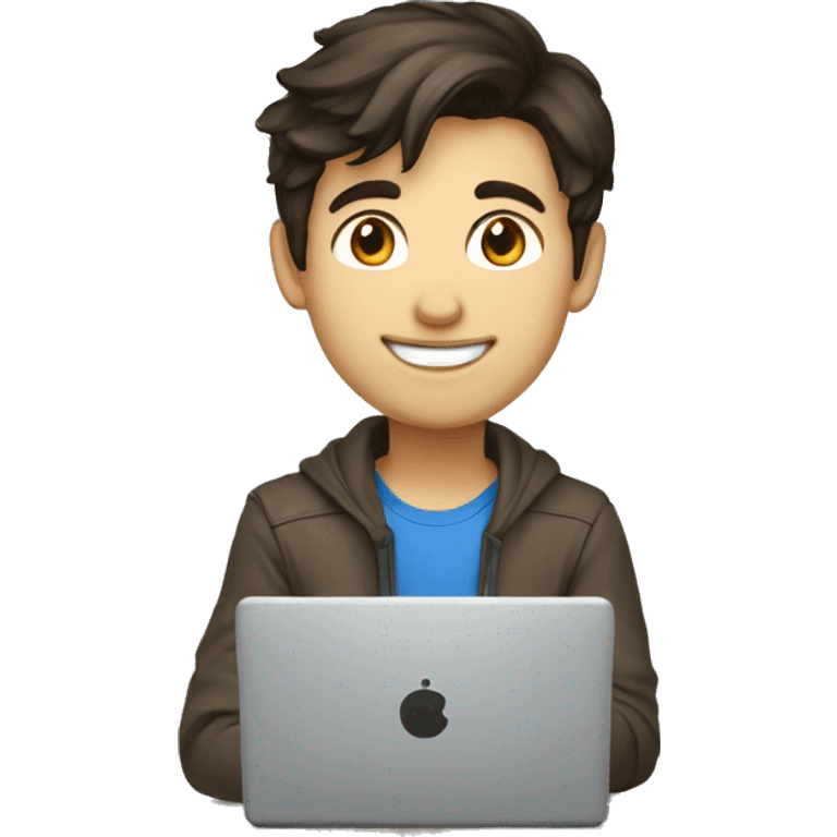 Young design engineer, dark brown hair, good smile, using laptop emoji