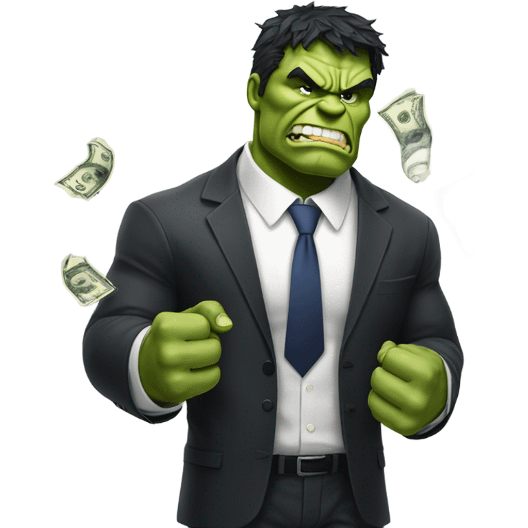 Hulk in torn business suit offering money emoji