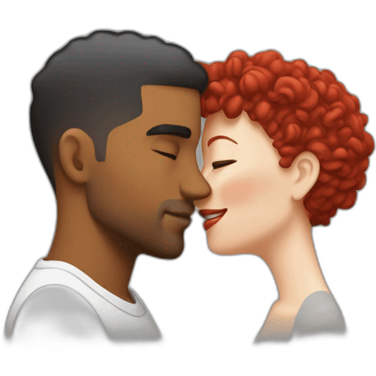 Brown man with a hair cut fade kissing a White woman with red curly hair emoji