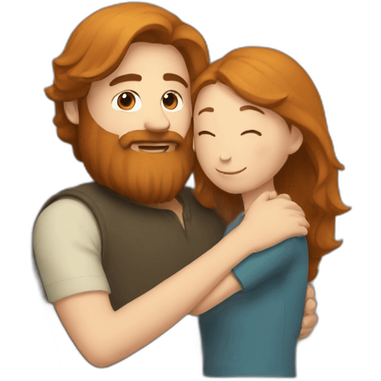 man with beard hugs readhead girl emoji