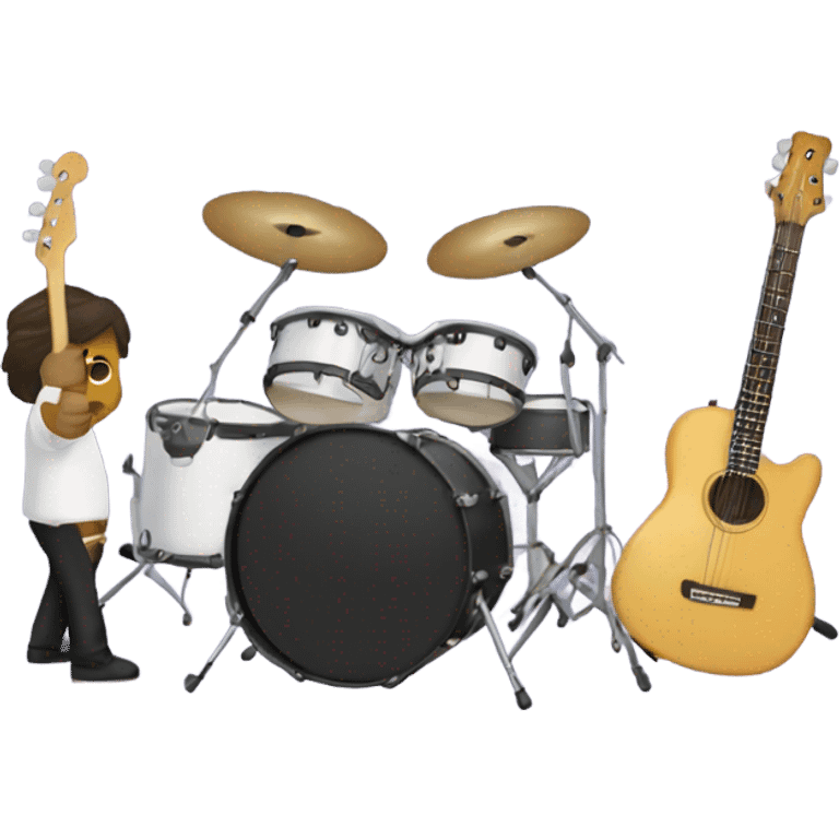 three person band: bass, guitar, and drum. white drummer emoji