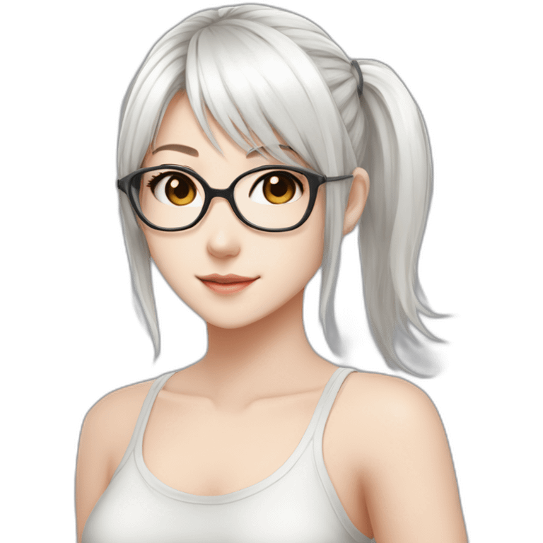 anime style white hair catgirl, black glasses, tank top, pony tail hair, emoji