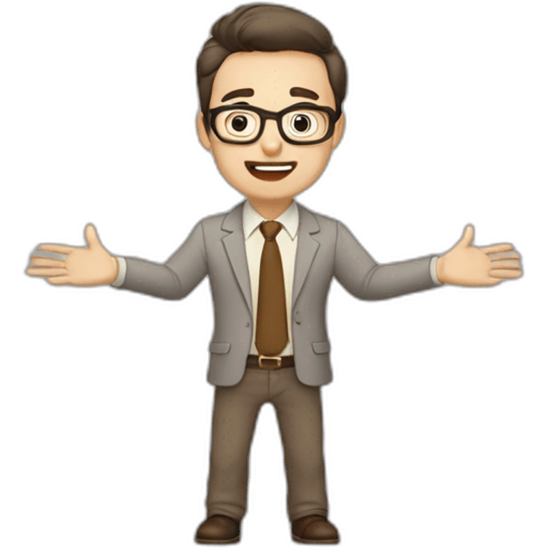 To belt Actively gesturing with hands 👌 Pale skinned fit man with dark brown hair in gray jacket, beige office shirt, brown tie, brown pants and vintage glasses. emoji