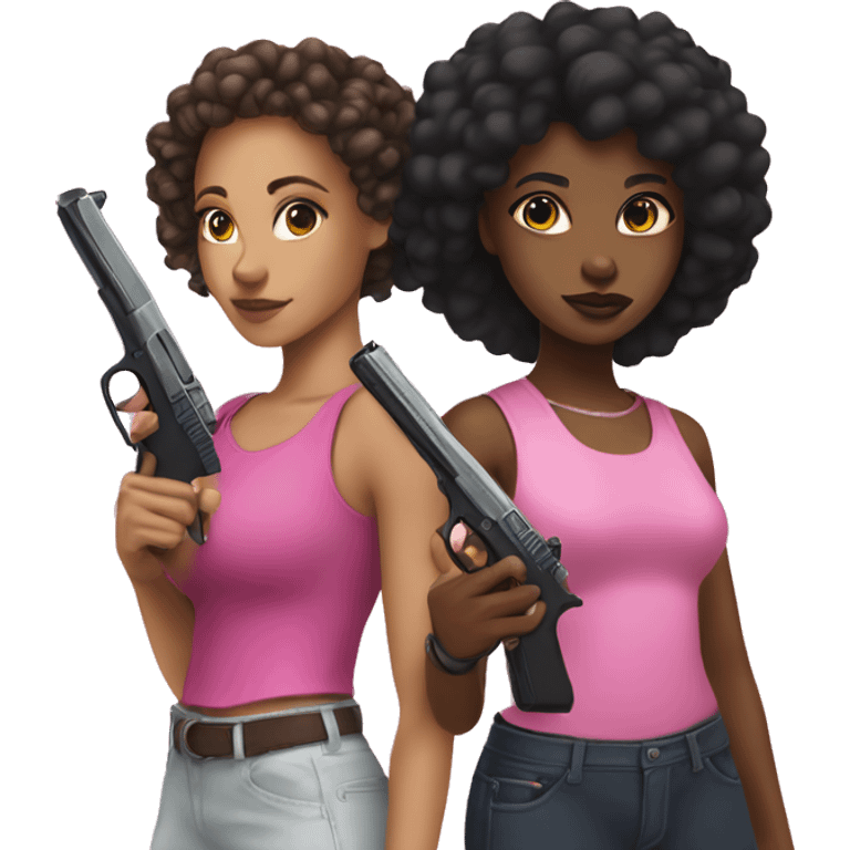 lightskin girl and black girl holding a pink guns emoji