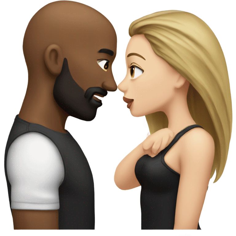 White brunette kissing muscular black bald man with beard emoji