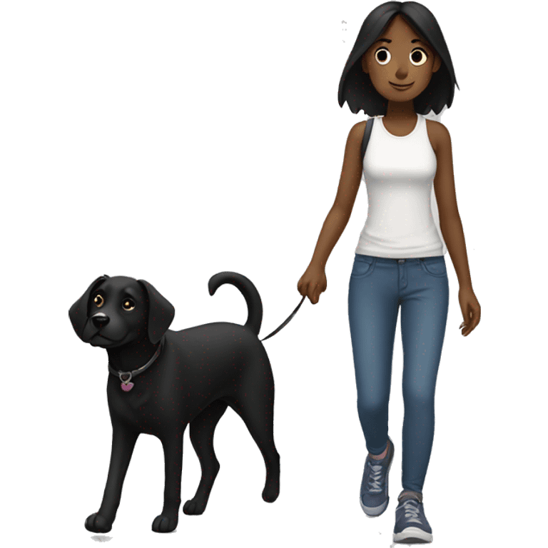 Girl walk with a black dog with white Chest emoji