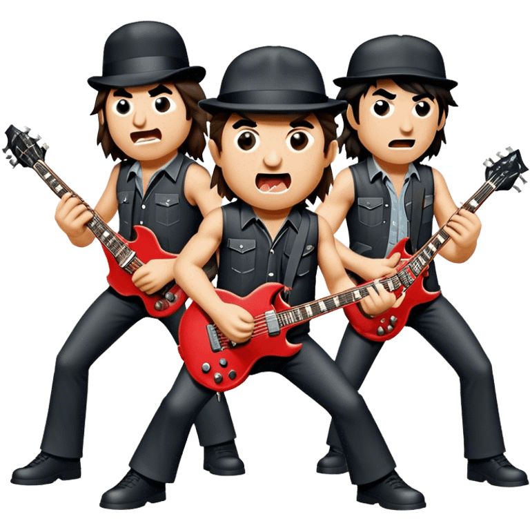 Cinematic Realistic AC/DC Band Emoji, depicted as a high-energy rock ensemble with electrifying stage presence and gritty textures, rendered with bold vibrant lighting that captures the raw power and rebellious spirit of their music. emoji