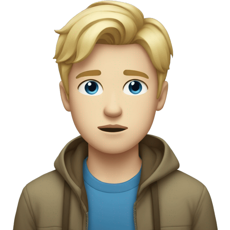 Blond teen boy with medium short hair, blue eyes, glum emoji