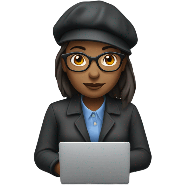 woman wearing beret hat and glasses with a laptop in medium-dark skin tone emoji