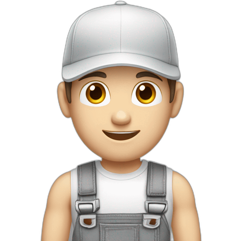 Pale skinned fit Man with dark brown hair in a white cap, gray jeans and gray polo T-shirt keeping a pasted with tape box into his hands emoji