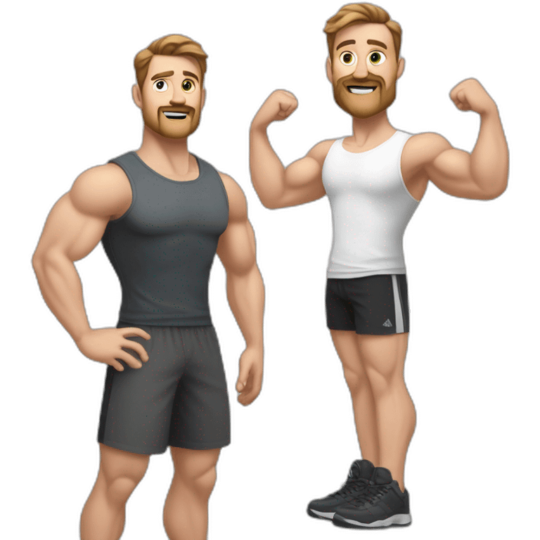 Full height realistic Actively gesturing with hands Pale skinned Fit Man With the biceps and brown hair in dark gray Sleeveless Mike, black oversize sports shorts, watch and white Sneakers emoji