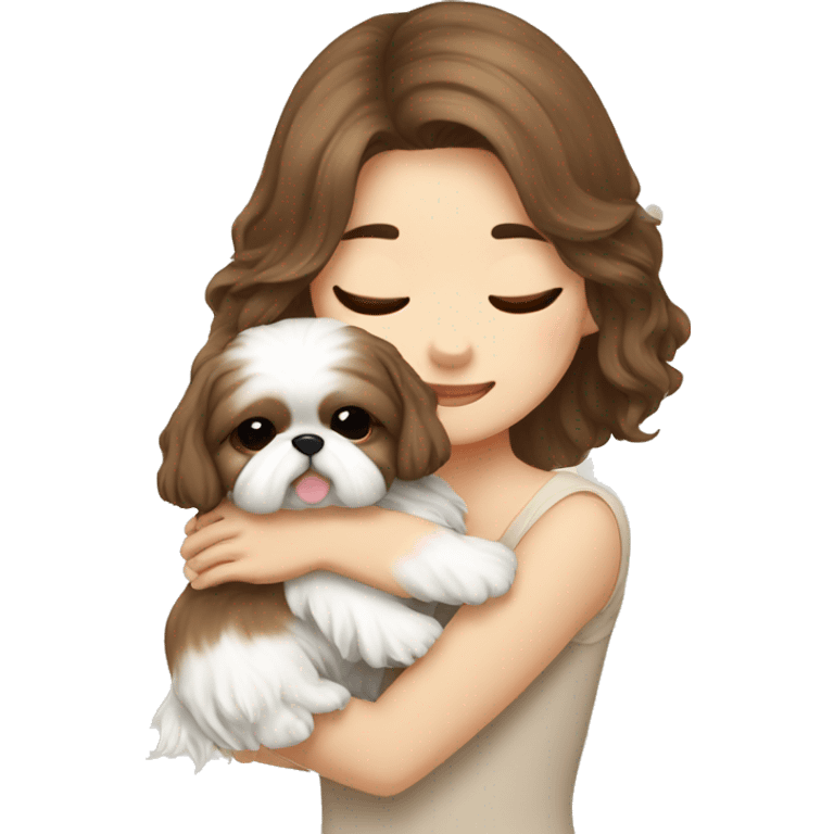 long brown wavy hair korean girl hugging cream colored shih tzu emoji