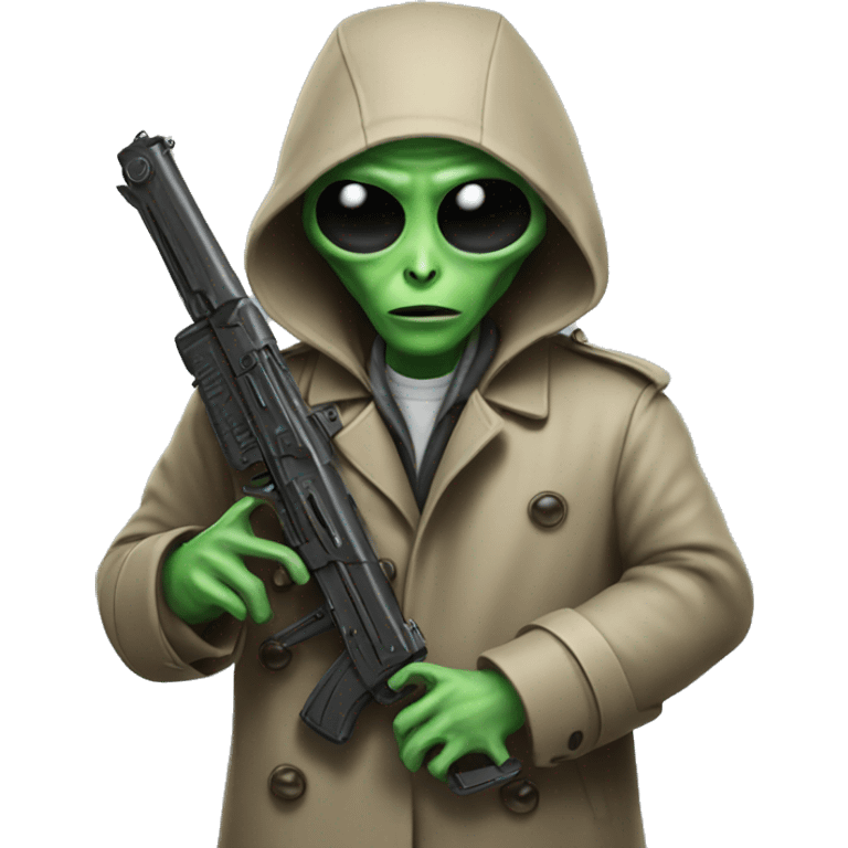 alien wearing trench coat while holding gun emoji