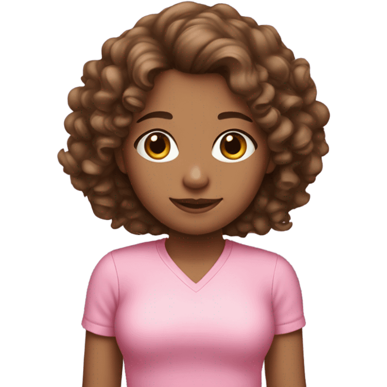 Girl with curly brown hair wearing pink emoji