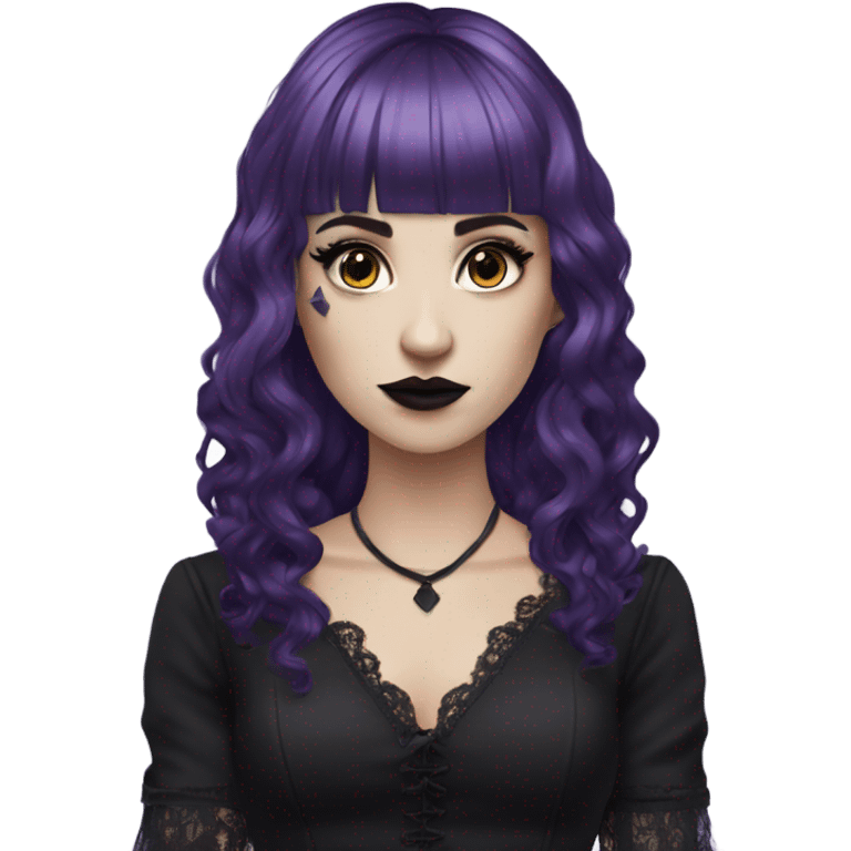 one single alt women, purple hair, wavy hair, medium hair, short bangs, dark makeup, gothic detailed dress, white skin  emoji