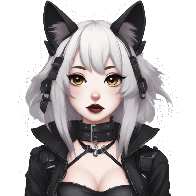 Gorgeous gothic dark techwear anime style anthro cat with blushing face aesthetic and pretty edgy black with collar and harness trending style emoji