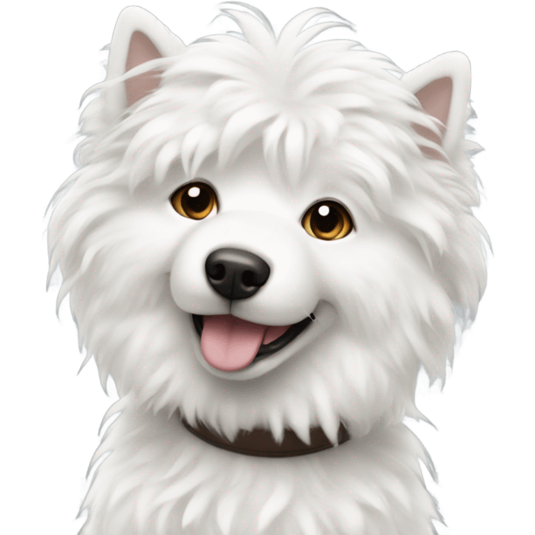 White fluffy dog with white spots and ears that stick up emoji