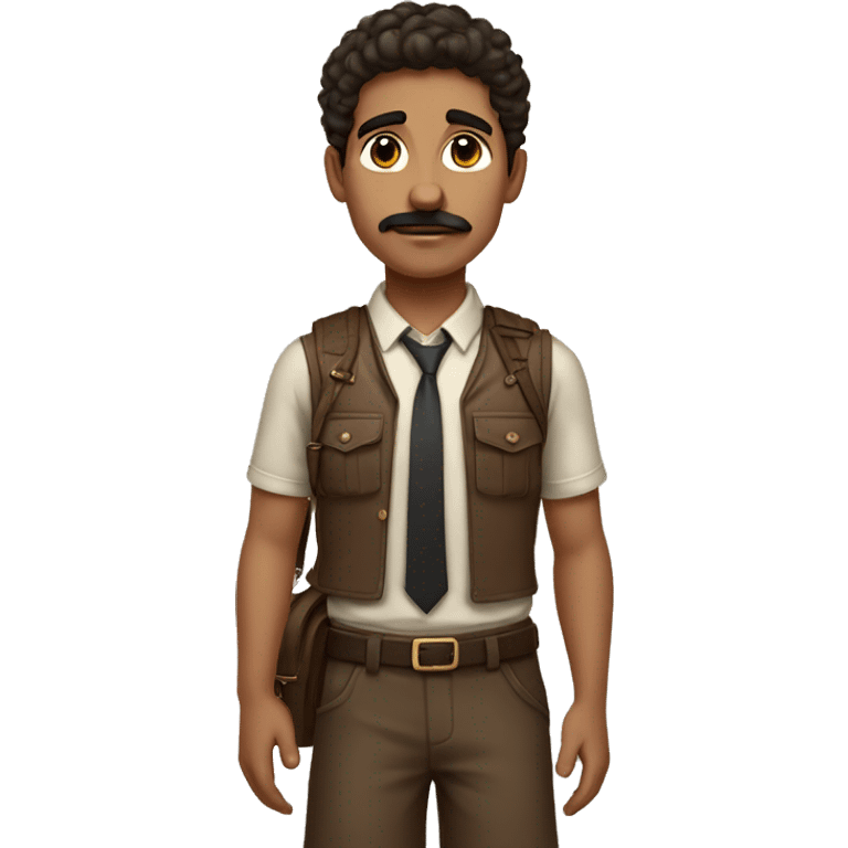 greek boy with dark brown hair and moustache wearing brown outfit with tie and long shorts and cross body bag emoji