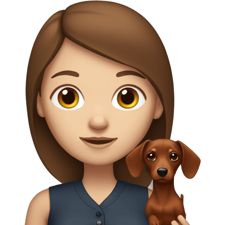 White girl with straight brown hair holding a red dachshund  emoji