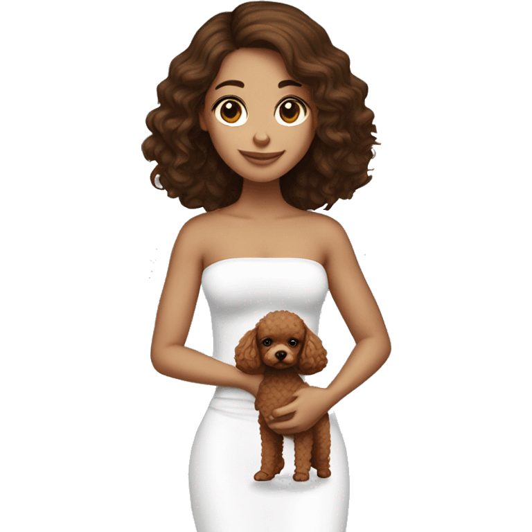 Brunette straight hair girl , in white strapless top holding a brown toy poodle emoji