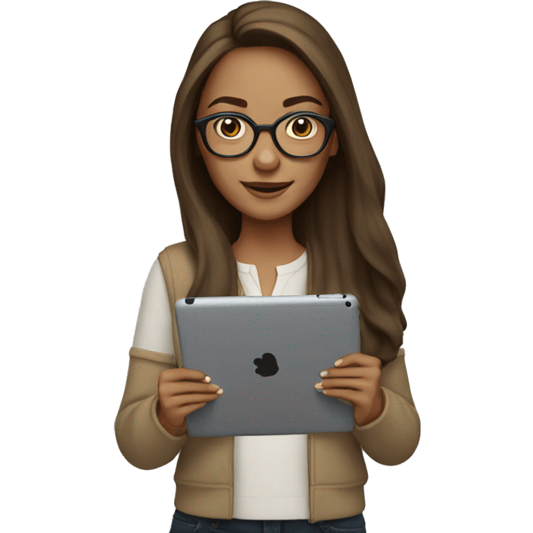 woman with long brown hair, light brown eyes, white glasses, with iPad in hand emoji