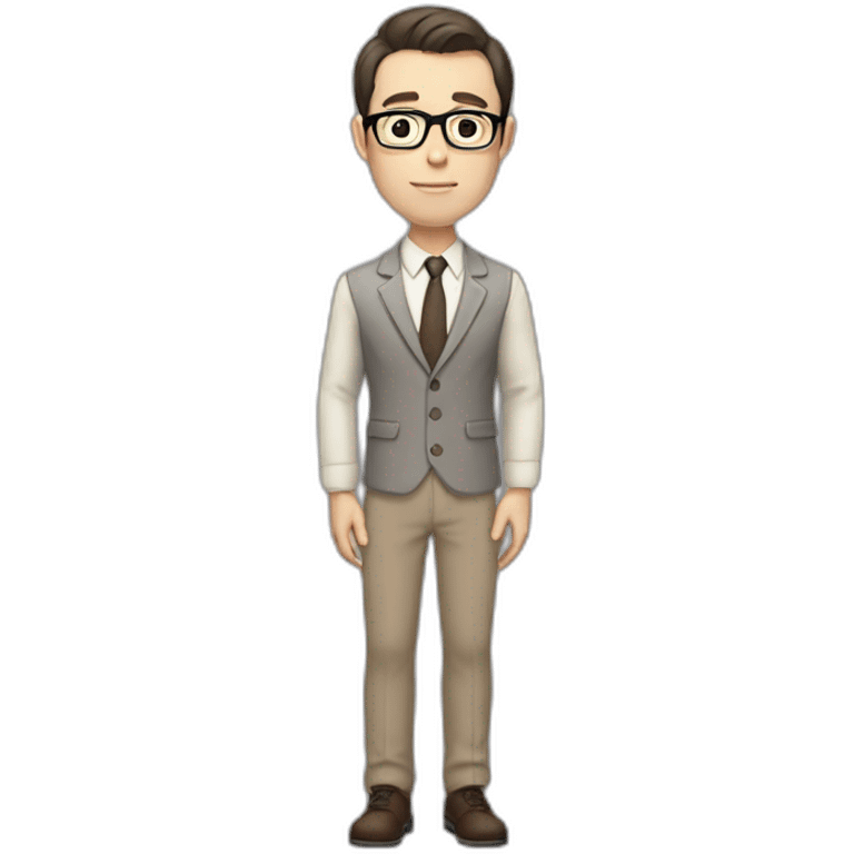 Full height Pale skinned fit man with dark brown hair in gray jacket, beige office shirt, brown tie, brown pants and vintage glasses. His right hand stretched out emoji