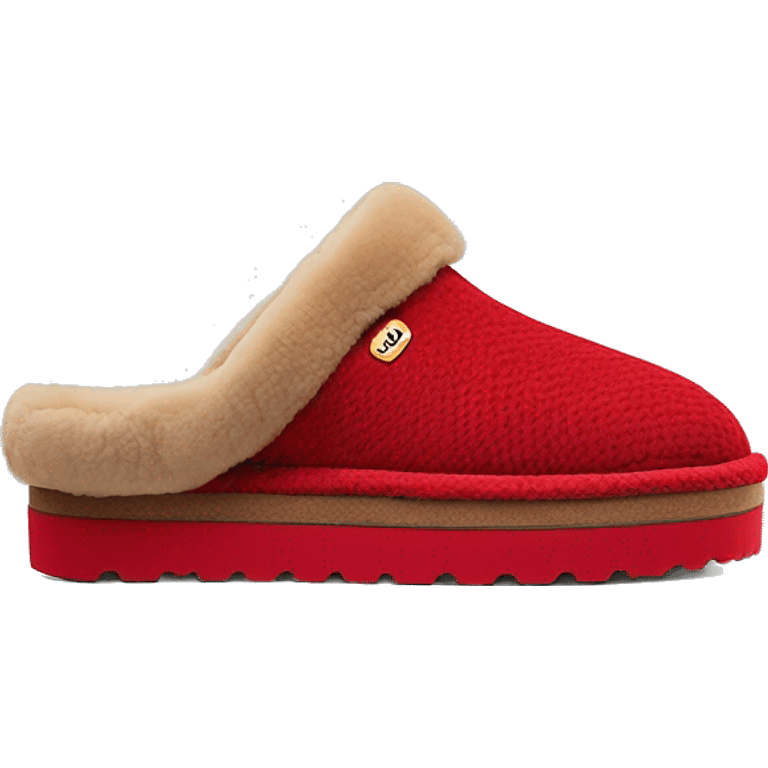 Chestnut slip-on slippers red zig-zag trim, a red heel pull tab, and a thick platform sole. “UGG” emoji