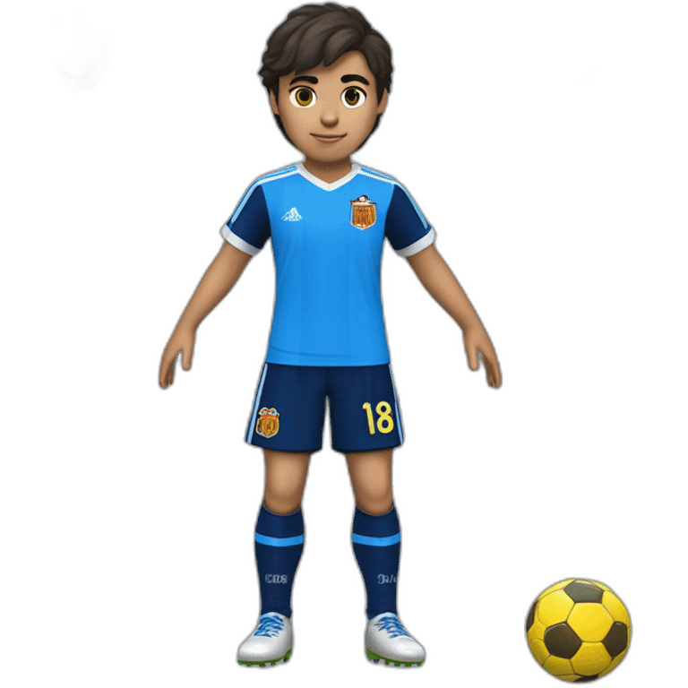 Futbolista español de 16 con camiseta azul marina y una franja azul clara en los hombros. Con el número 8 en la camiseta. Un solo 8 y que ponga PLAZA emoji