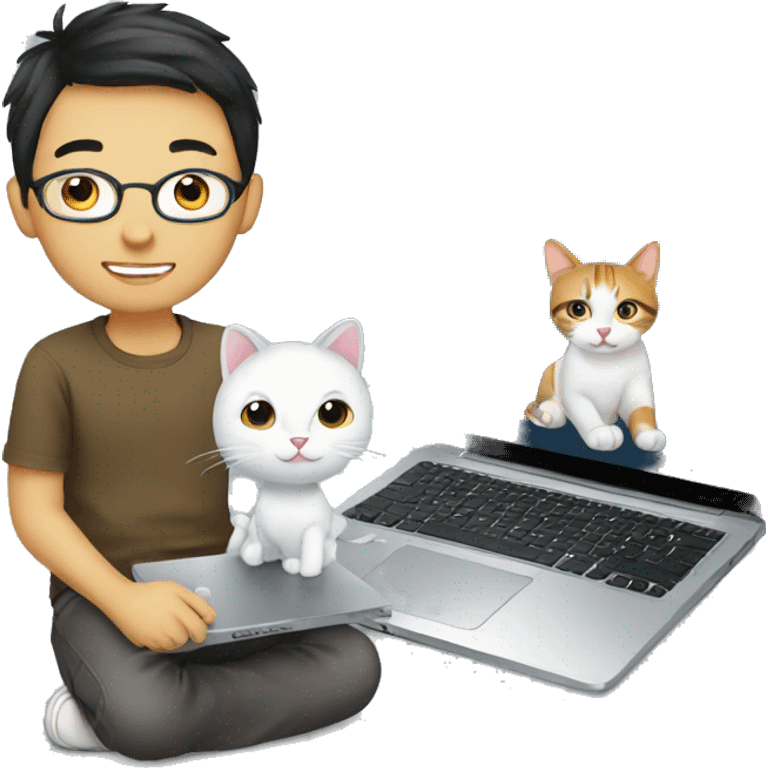 boy with cat, laptop, glass, asian emoji