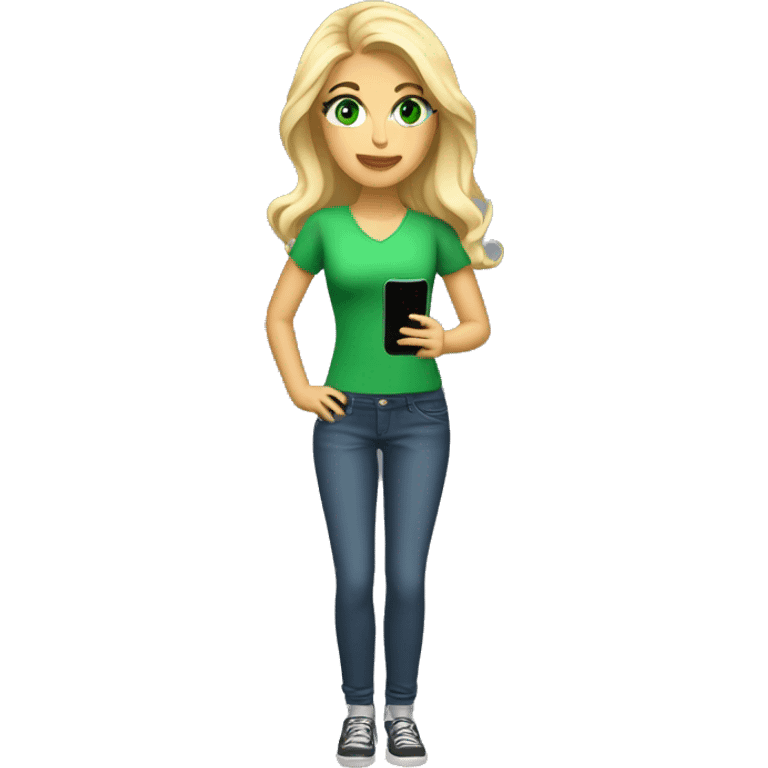 blonde woman, fair skin, green eyes, cell phone in hand, full body emoji