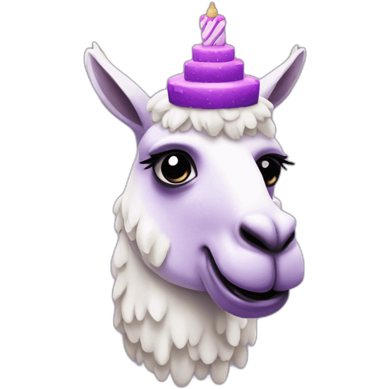 a purple llama with gradient white spots and is eating a nice cake emoji