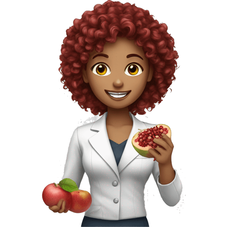 dietitian girl dark red curly hair eating a pomergranate emoji