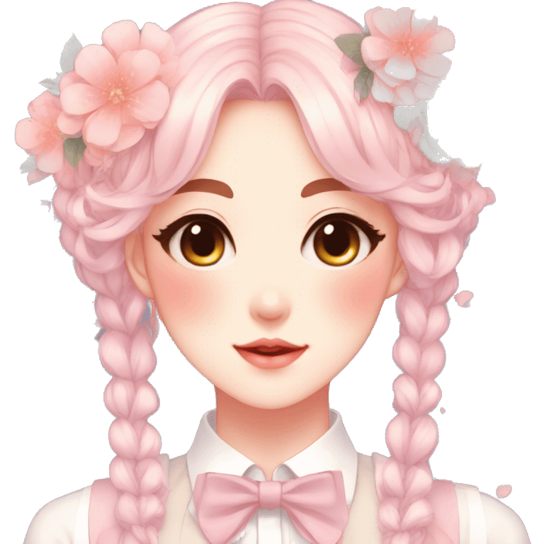 Gorgeous pastel anime style lady with blushing face and flowers and laces and bow ties and pretty hair aesthetic trending style emoji