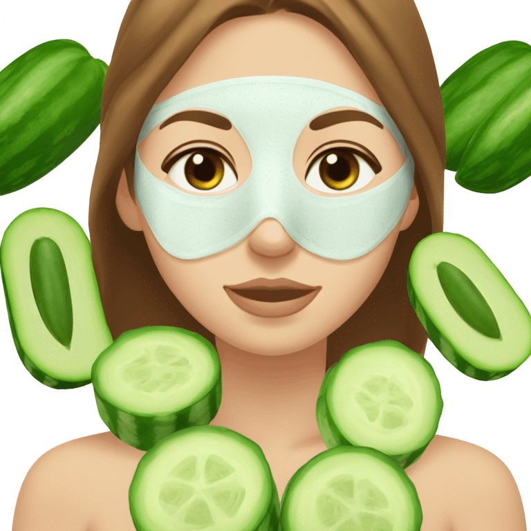 Girl with freackles Brown hair white skin Tone and blue eyes wears Green skin care mask while She relaxes and cucumber on her closed eyes emoji