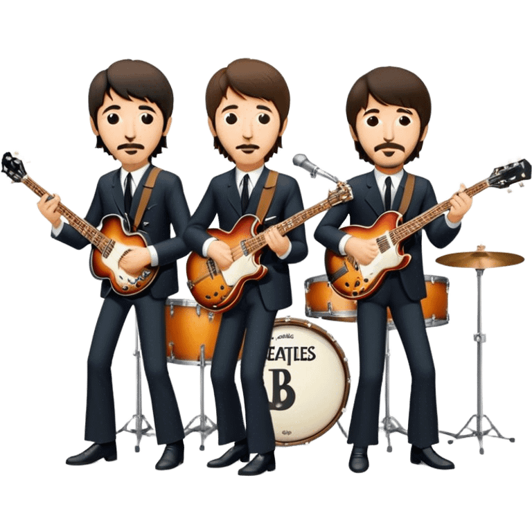 Rock music icon: The Beatles performing live on stage. John Lennon with guitar, Paul McCartney with bass, George Harrison with guitar, Ringo Starr on drums. Bright lights, energetic performance. Transparent background. emoji