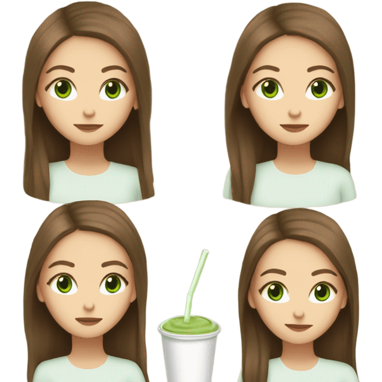 White girl with open brown hair and green eyes drinking matcha  emoji