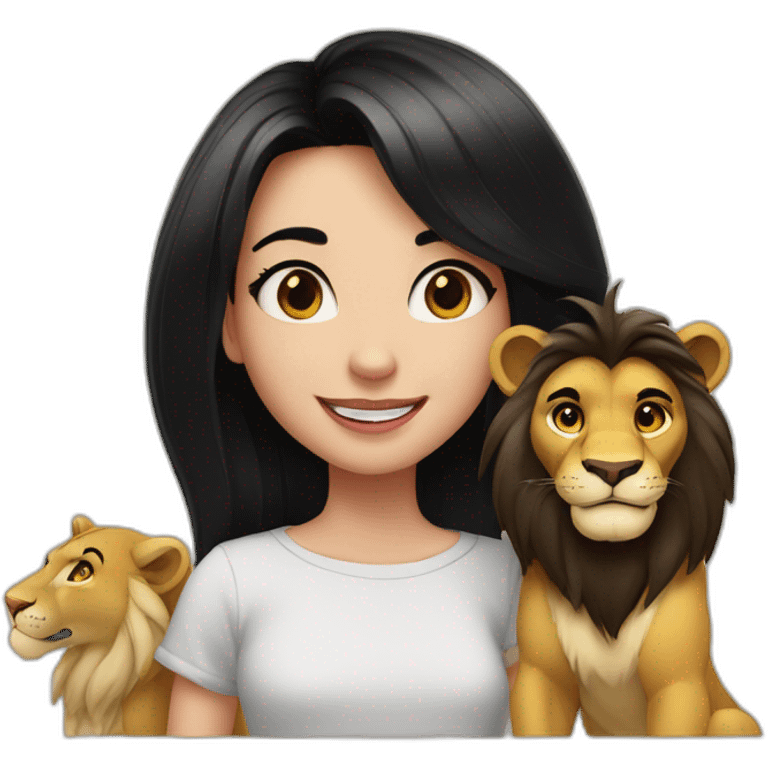 white skin and black straight hair and black eyes  Disney smile girl with a big lion emoji