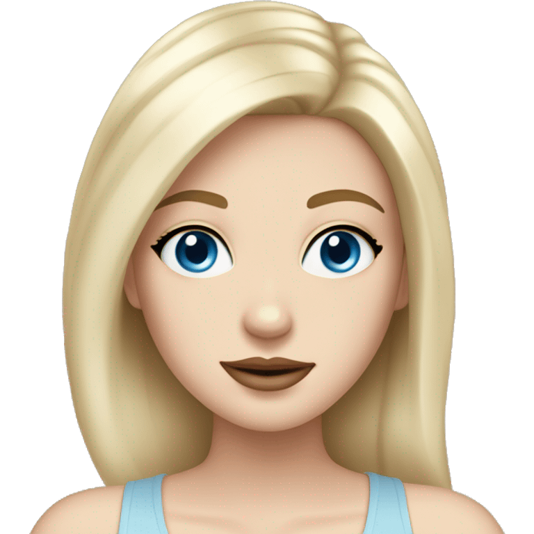 White girl with black hair, pale skin, and sky blue eyes wearing a beige sheer tank top with cleavage and a gold chain necklace  emoji