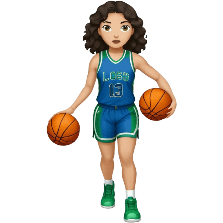 full figure light latino women basketball player with wavy dark hair wearing blue and green uniform emoji