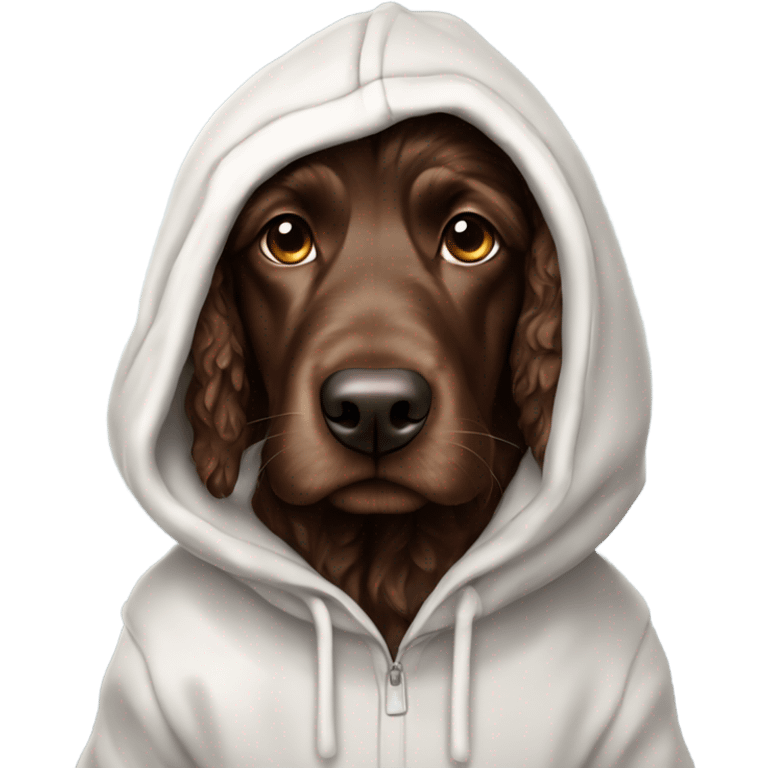 Solid chocolate Aussie doodle in a white hoodie with the hood up emoji