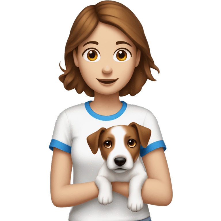 a girl with brown hair and fair skin, blue eyes, in a white T-shirt with a dog in her arms, a Jack Russell dog with brown spots emoji