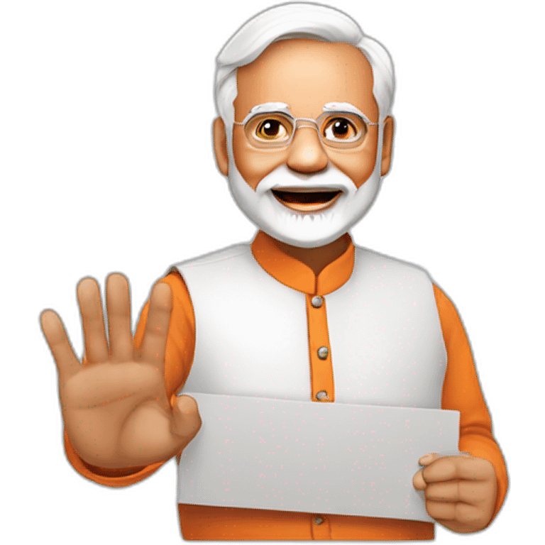 Narendra Modi holding sign that says hello emoji