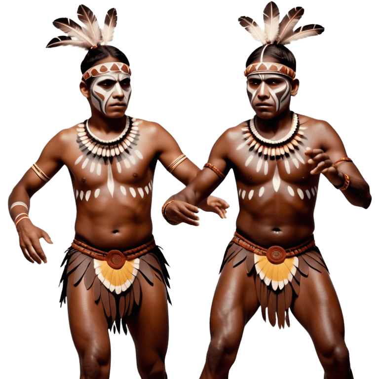 Cinematic Realistic scene of two indigenous male aboriginals performing an Aboriginal Corroboree, adorned in traditional body paint, captured in fluid motion with earthy tones and vibrant, cultural lighting emoji