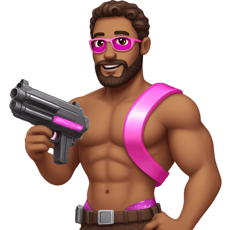 Tan man with dark brown hair, brown eyes, and a beard, holding a sparkly pink nerf gun wearing a bikini emoji