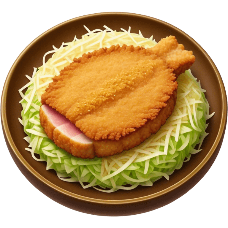 Cinematic Realistic Tonkatsu Dish Emoji, featuring a golden, breaded pork cutlet served with shredded cabbage rendered with rich textures and vibrant, dynamic lighting. emoji