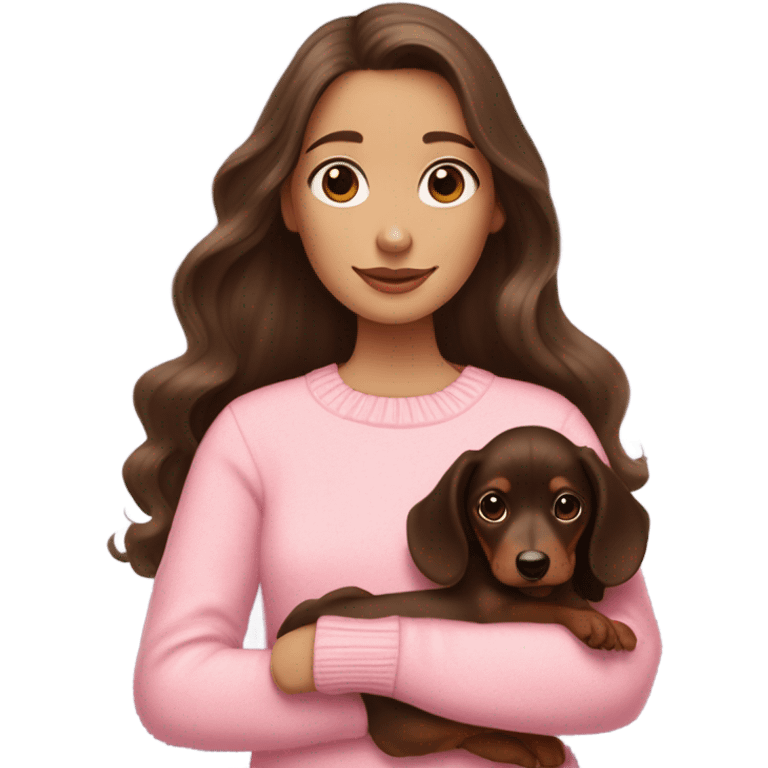 Dark Brunette white girl with long wavy hair in a pink sweater holds a dark brown and cream dachshund long-haired puppy in her arms emoji