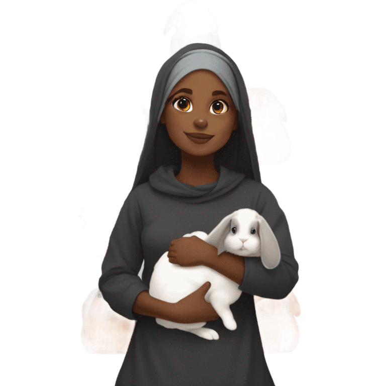 Black Muslim girl holding her 3 cute orange, gray, and mix colored holland lop bunnies emoji